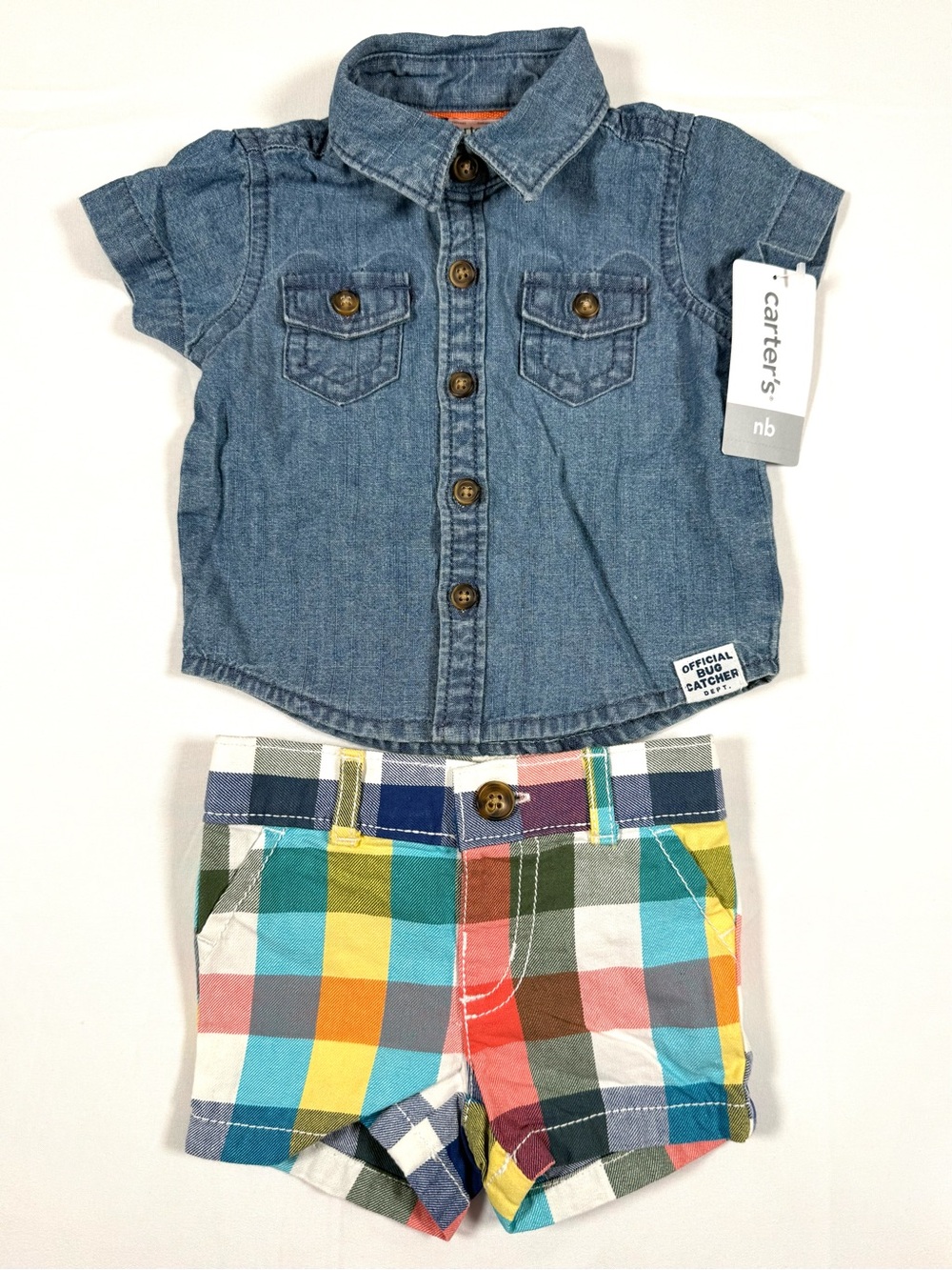 NWT CARTER’S Boys Bug Collector Chambray Top Plaid Shorts Newborn Preppy NEW